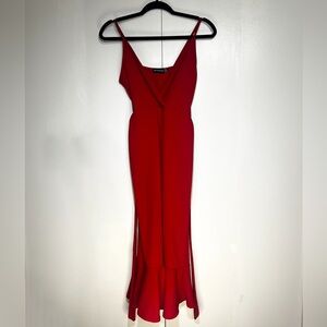 Pretty Little Thing Red Flare Bottom Midi Dress w/ Waist Tie